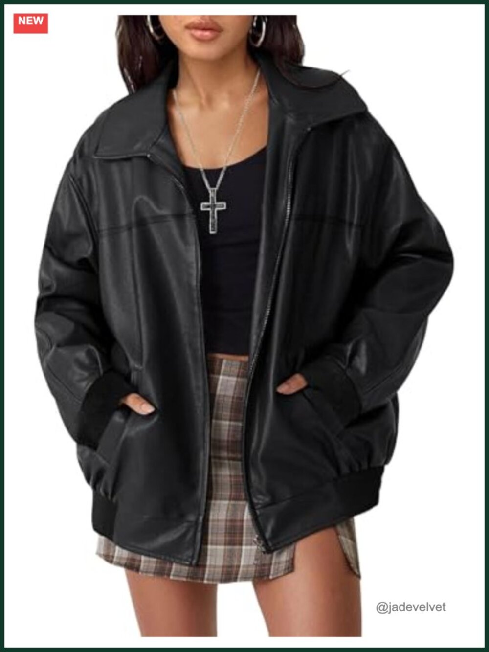 Womens Faux Leather Oversized Bomber Jacket Zip Up Fall Coat
